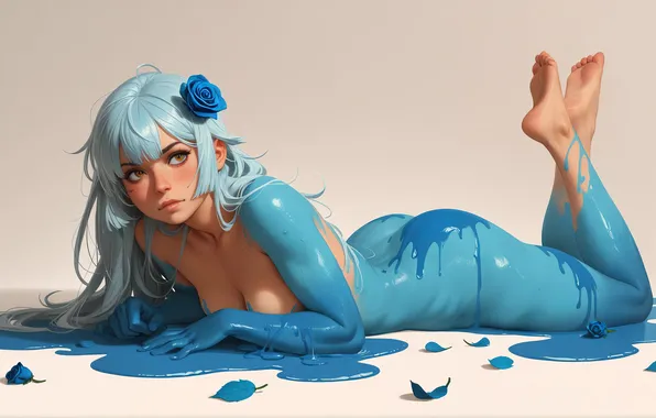 Картинка краска, босиком, голубые волосы, лежа, digital art, цифровое искусство, ИИ арт, Stability AI