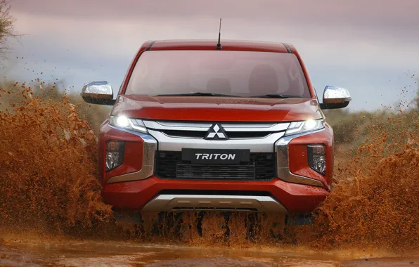 Картинка вода, грязь, Mitsubishi, вид спереди, пикап, Double Cab, L200, Triton
