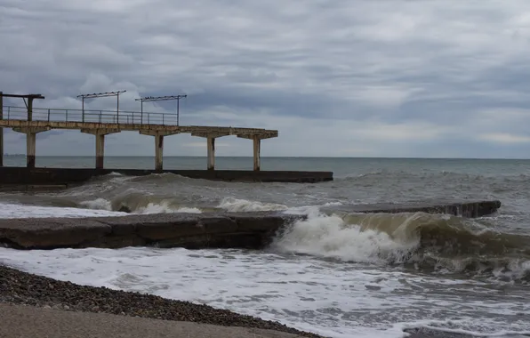 Картинка море, волны, небо, тучи, пасмурно, Россия, Stan, заброшенный пирс