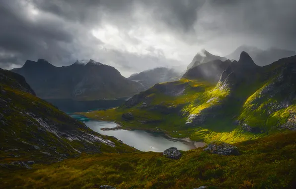 Sky, mountains, clouds, houses, Norway, fjord, Reine, Lofoten