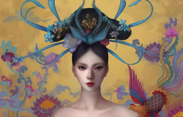 Картинка девушка, птица, арт, art