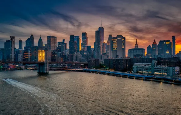 USA, bridge, sunset, New York, Manhattan, Hudson River, skyscapers