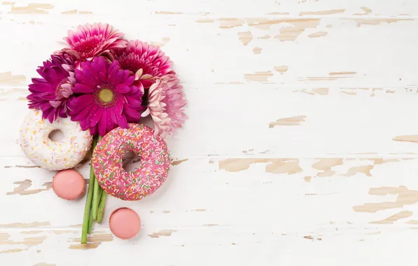 Цветы, пончики, герберы, wood, pink, flowers, with love, macarons
