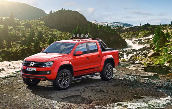 Картинка горы, камни, тюнинг, Volkswagen, диски, Amarok, шоу-кар, экзотичная окраска