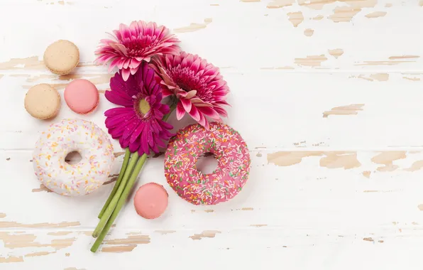 Цветы, пончики, герберы, wood, pink, flowers, with love, macarons